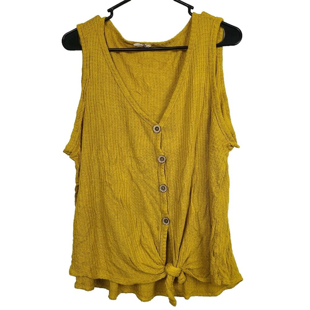 Bibi Womens Oversized Waffle Tank Top Large Mustard Yellow Tie Hem BOHO